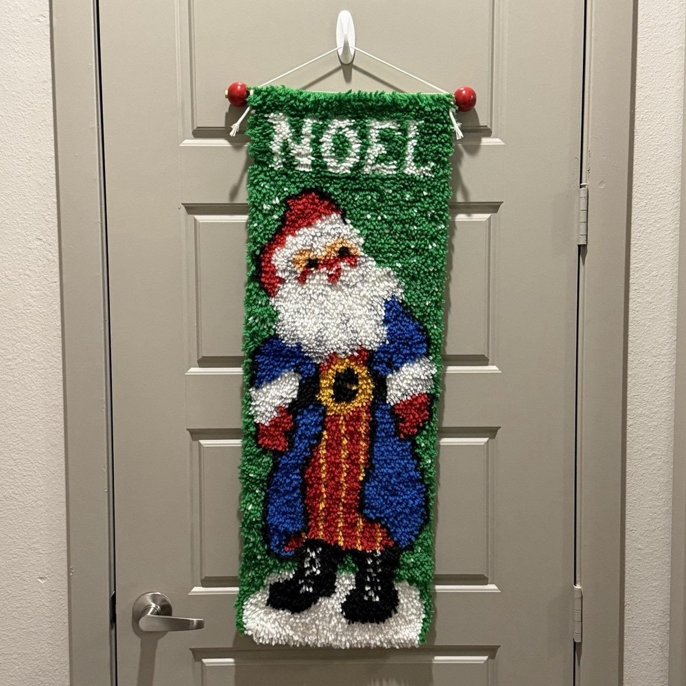Vintage Christmas Latch Hook Wall Hanging Santa NOEL Banner Yarn Decor 30"